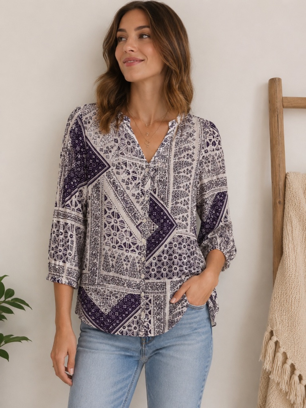 Lucky Brand V Neck Boho Patchwork Print 3/4 Sleeve Top Women M